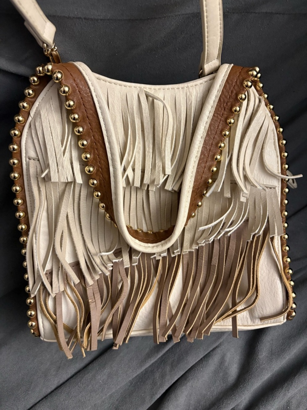 Big Buddha Cream and Brown Fringed Shoulder Bag with Gold Studs